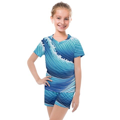 Simple Summer Wave Pattern Kids  Mesh Tee And Shorts Set by GardenOfOphir