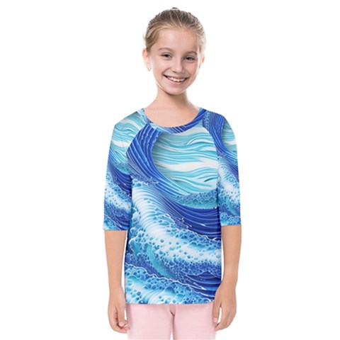 Water Waves Kids  Quarter Sleeve Raglan Tee by GardenOfOphir