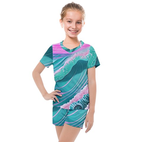 Pink Ocean Waves Kids  Mesh Tee And Shorts Set by GardenOfOphir