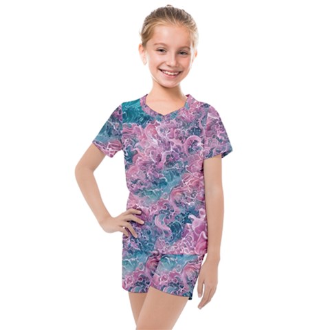 Ocean Waves In Pink Ii Kids  Mesh Tee And Shorts Set by GardenOfOphir