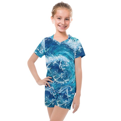 Abstract Blue Ocean Waves Iii Kids  Mesh Tee And Shorts Set by GardenOfOphir