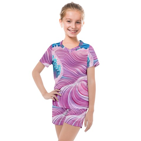 Pink Water Waves Kids  Mesh Tee And Shorts Set by GardenOfOphir