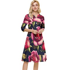 Roses Flowers Pattern Background Classy Knee Length Dress by Ravend