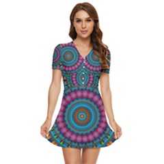 Mandela Kaleidoscope Squares Geometric Shapes V-neck High Waist Chiffon Mini Dress by Ravend