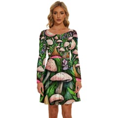 Flowery Garden Nature Woodsy Mushroom Long Sleeve Wide Neck Velvet Dress by GardenOfOphir