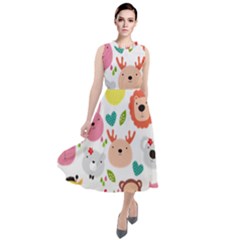 Cute Animals Cartoon Seamless Background Round Neck Boho Dress by Jancukart