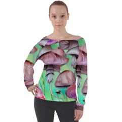 Historical Mushroom Forest Off Shoulder Long Sleeve Velour Top by GardenOfOphir