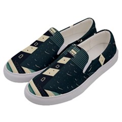 Lighthouse Abstract Ocean Sea Waves Water Blue Men s Canvas Slip Ons by Pakemis