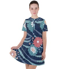 Waves Flowers Pattern Water Floral Minimalist Short Sleeve Shoulder Cut Out Dress  by Pakemis