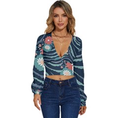 Waves Flowers Pattern Water Floral Minimalist Long Sleeve Deep-v Velour Top by Pakemis