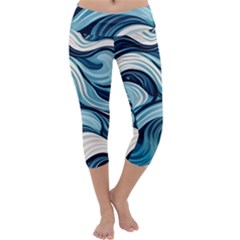 Pattern Ocean Waves Arctic Ocean Blue Nature Sea Capri Yoga Leggings by Pakemis