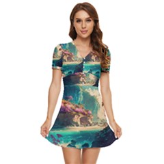 Tropical Island Fantasy Landscape Palm Trees Ocean V-neck High Waist Chiffon Mini Dress by Pakemis