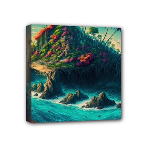 Tropical Island Paradise Ocean Sea Palm Trees Mini Canvas 4  X 4  (stretched) by Pakemis
