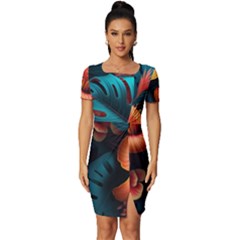 Ai Generated Tropical Flowers Floral Floral Pattern Fitted Knot Split End Bodycon Dress by Pakemis