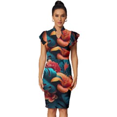 Ai Generated Tropical Flowers Floral Floral Pattern Vintage Frill Sleeve V-neck Bodycon Dress by Pakemis