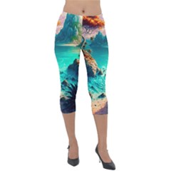 Tropical Paradise Beach Ocean Shore Sea Fantasy Lightweight Velour Capri Leggings  by Pakemis