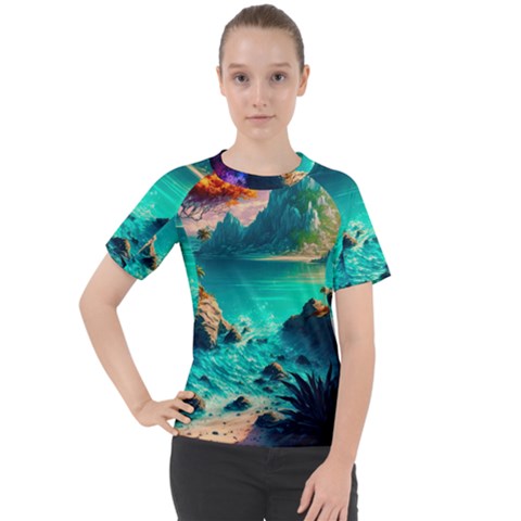 Tropical Paradise Beach Ocean Shore Sea Fantasy Women s Sport Raglan Tee by Pakemis