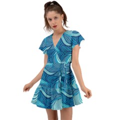 Ocean Waves Sea Abstract Pattern Water Blue Flutter Sleeve Wrap Dress by Pakemis