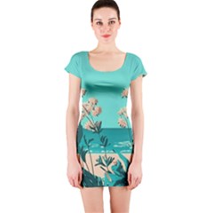 Beach Ocean Flowers Flower Floral Plants Vacation Short Sleeve Bodycon Dress by Pakemis