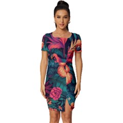 Tropical Flowers Floral Floral Pattern Pattern Fitted Knot Split End Bodycon Dress by Pakemis