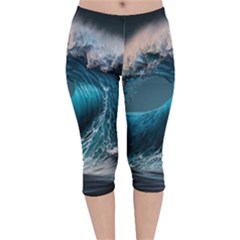 Tsunami Waves Ocean Sea Water Rough Seas 2 Velvet Capri Leggings  by Pakemis