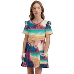 Palm Trees Tropical Ocean Sunset Sunrise Landscape Kids  Frilly Sleeves Pocket Dress by Pakemis