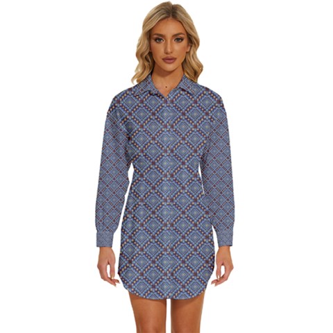 Blue Diamonds Womens Long Sleeve Shirt Dress by Sparkle