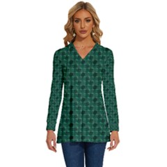 Green Pattern Long Sleeve Drawstring Hooded Top by Sparkle