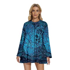 Artificial Intelligence Network Blue Art Round Neck Long Sleeve Bohemian Style Chiffon Mini Dress by Semog4