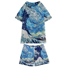 Starry Night Hokusai Vincent Van Gogh The Great Wave Off Kanagawa Kids  Swim Tee And Shorts Set by Semog4