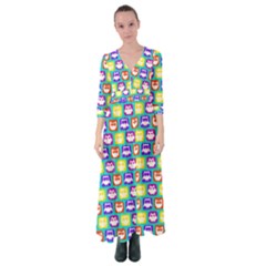 Colorful Whimsical Owl Pattern Button Up Maxi Dress by GardenOfOphir