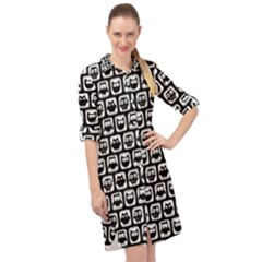 Black And White Owl Pattern Long Sleeve Mini Shirt Dress by GardenOfOphir