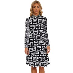 Black And White Owl Pattern Long Sleeve Shirt Collar A-line Dress by GardenOfOphir