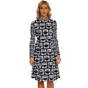 Black And White Owl Pattern Long Sleeve Shirt Collar A-Line Dress View1