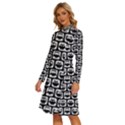 Black And White Owl Pattern Long Sleeve Shirt Collar A-Line Dress View2