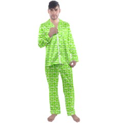 Lime Green And White Owl Pattern Men s Long Sleeve Satin Pajamas Set by GardenOfOphir