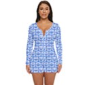 Blue And White Owl Pattern Long Sleeve Boyleg Swimsuit View1