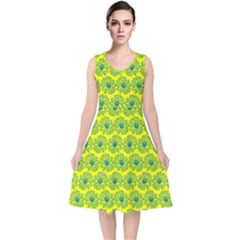 Gerbera Daisy Vector Tile Pattern V-neck Midi Sleeveless Dress  by GardenOfOphir