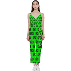 Modern Chic Vector Camera Illustration Pattern V-neck Spaghetti Strap Tie Front Jumpsuit by GardenOfOphir