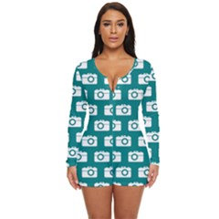 Modern Chic Vector Camera Illustration Pattern Long Sleeve Boyleg Swimsuit by GardenOfOphir