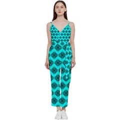 Abstract Knot Geometric Tile Pattern V-neck Spaghetti Strap Tie Front Jumpsuit by GardenOfOphir