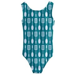 Teal And White Spatula Spoon Pattern Kids  Cut-out Back One Piece Swimsuit by GardenOfOphir