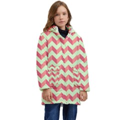 Modern Retro Chevron Patchwork Pattern Kid s Hooded Longline Puffer Jacket by GardenOfOphir