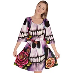 Sugar Skull With Flowers - Day Of The Dead Velour Kimono Dress by GardenOfOphir