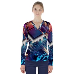 Ai Generated Motherboard City Technology Tech Cpu V-neck Long Sleeve Top by Jancukart