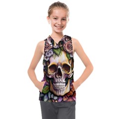 Death Skull Floral Kids  Sleeveless Hoodie by GardenOfOphir