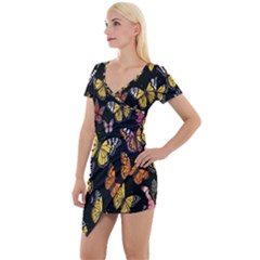 Flowers-109 Short Sleeve Asymmetric Mini Dress