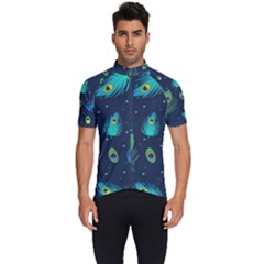 Blue Background Pattern Feather Peacock Men s Short Sleeve Cycling Jersey by Semog4