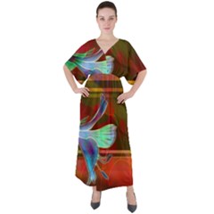 Abstract Fractal Design Digital Wallpaper Graphic Backdrop V-neck Boho Style Maxi Dress by Semog4