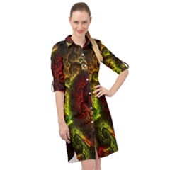 Green And Red Lights Wallpaper Fractal Digital Art Artwork Long Sleeve Mini Shirt Dress by Semog4